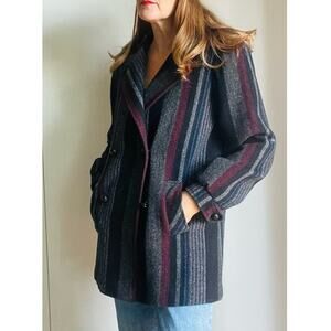 Vintage 80s Wool Car Coat Grey Size Medium Short Fit Mock Neckline